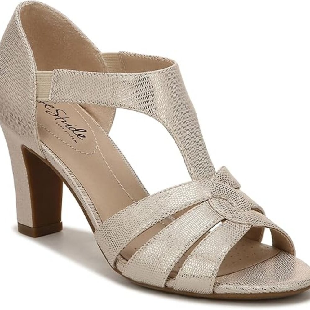 NWT - LifeStride Platinum Color Caramel Sandal Peep Toe Mid Heel Shoes